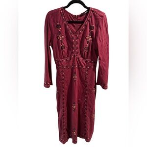 eShakti Custom Burgundy Long Sleeve Embroidered Dress